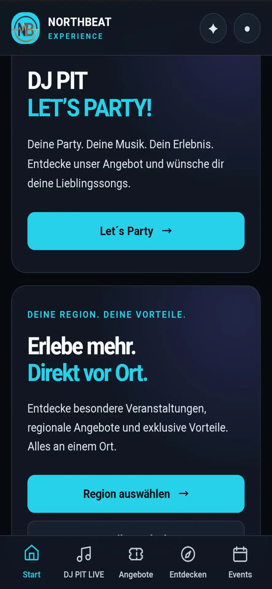 Mobile Startseite von Northbeat Experience mit DJ Pit Live, regionalen Vorteilen und App-Navigation